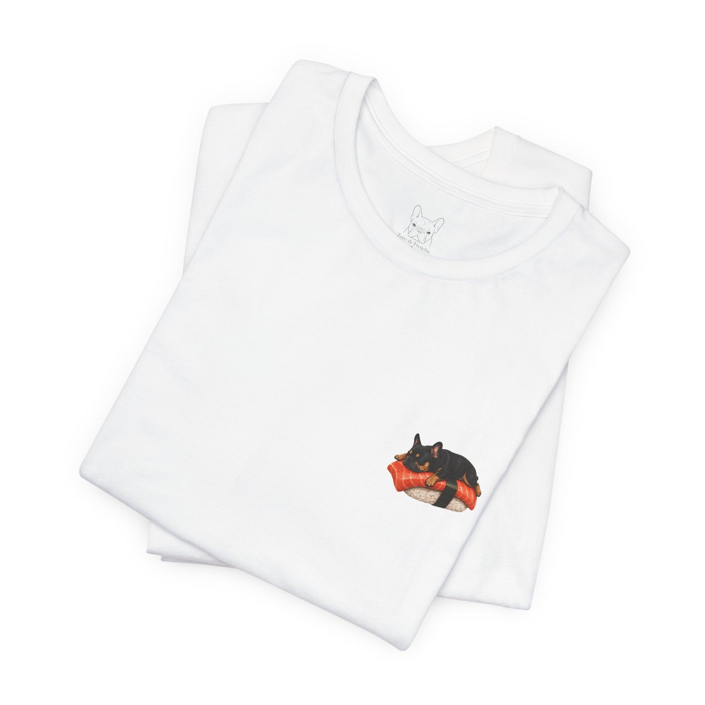 Black Brown Tri Color Frenchie Salmon Sushi Pocket Shirt Cute French Bulldog Sushi Tee  Minimal Dog Lover Shirt